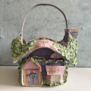Cottage Basket Easter Basket Whimsical Wicker Woven Purple Pink Green Florals